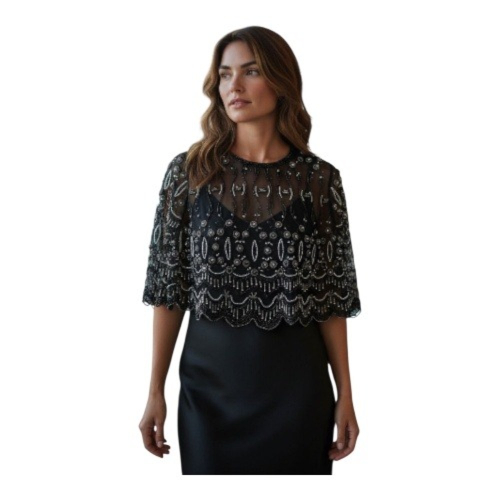 Elegant‎ Black Beaded Sheer Scallop Hem Evening NYE Glamor Top Women's Size M